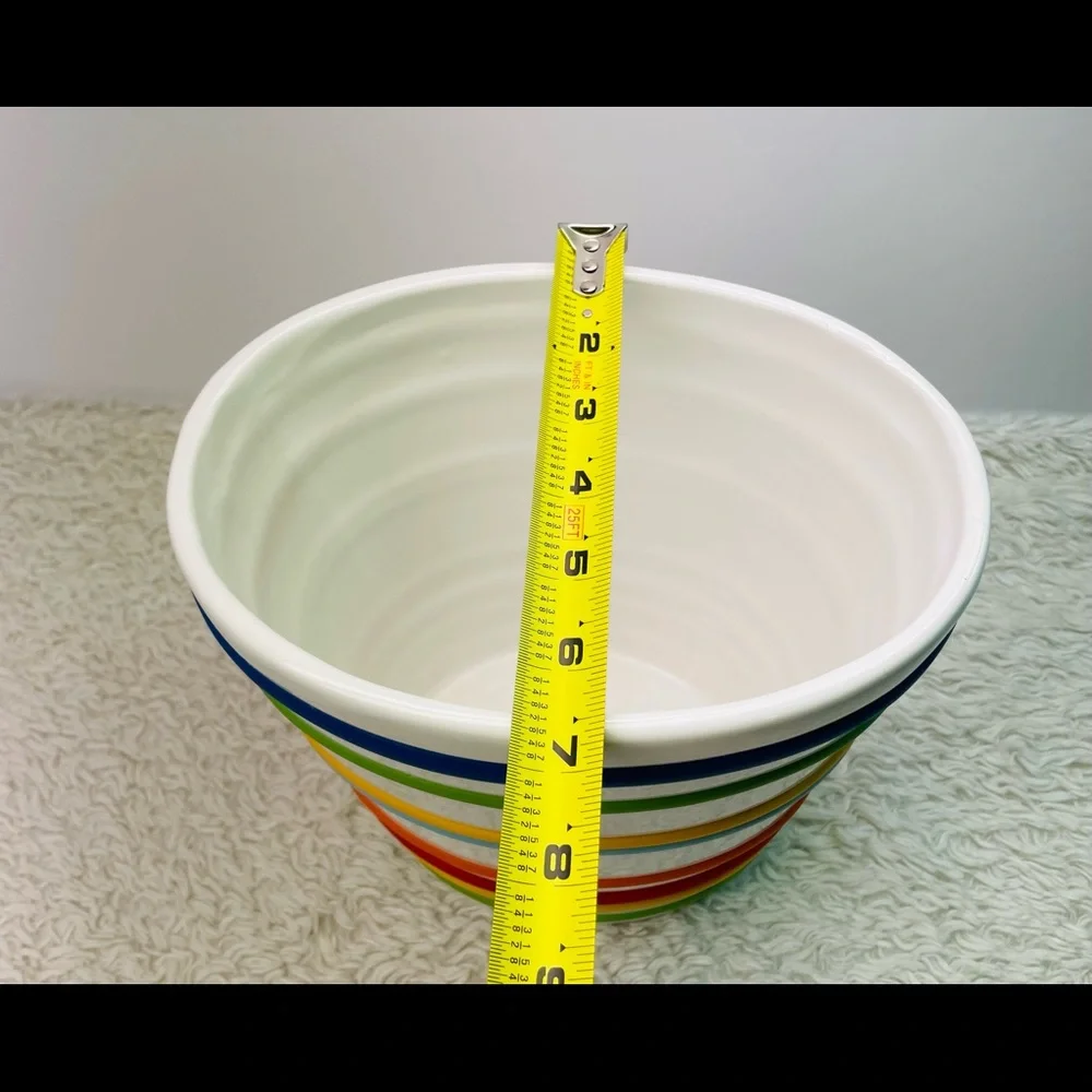 Oval vase unique ceramic with horizontal colorful rings 10”